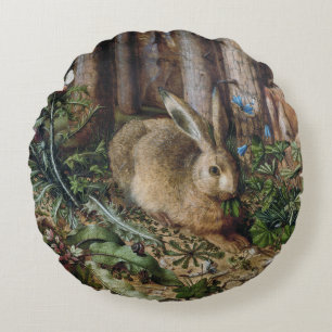 Vintage Hare Woodland Nature Dark Cottagecore Round Pillow