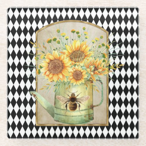 Vintage Harlequin Garden Sunflowers  Glass Coaster