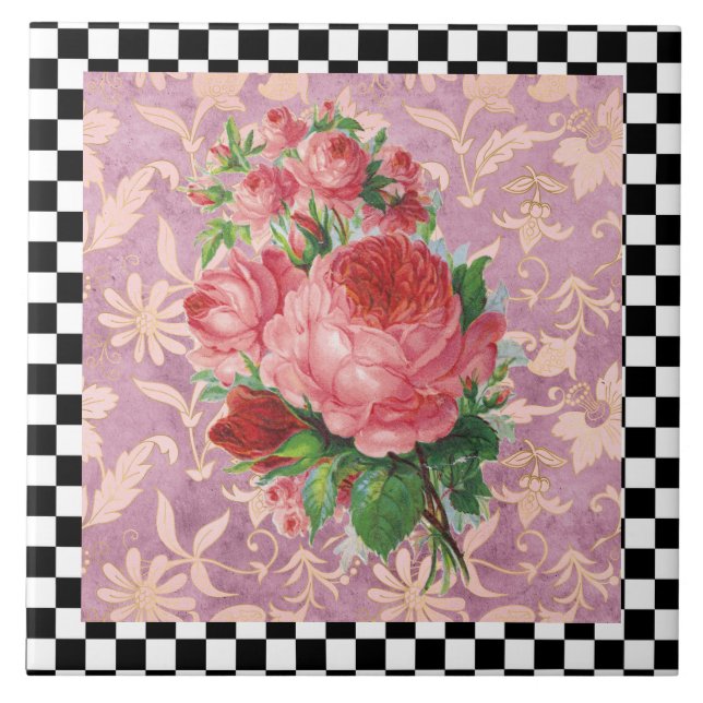 Vintage Harlequin Pink Roses  Ceramic Tile (Front)