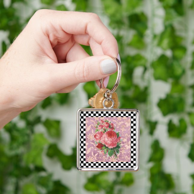 Vintage Harlequin Pink Roses  Keychain (Hand)