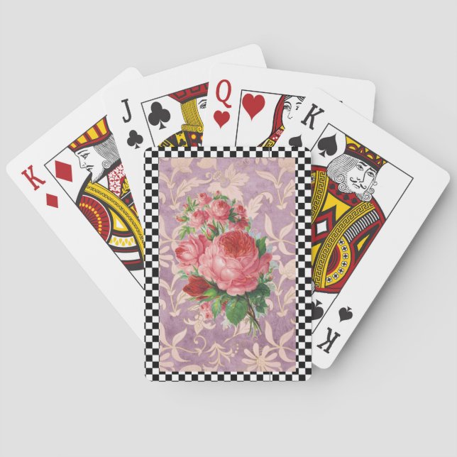 Vintage Harlequin Pink Roses  Poker Cards (Back)