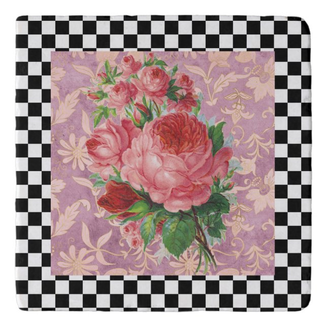 Vintage Harlequin Pink Roses  Trivet (Front)