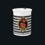 Vintage Harlequin Red Begonias Beverage Pitcher<br><div class="desc">Pretty vintage red begonia botanical illustration with golden bee,  on fancy scrolled black and gold frame surrounded with black and white Harlequin diamond pattern border create a lovely garden theme design.</div>