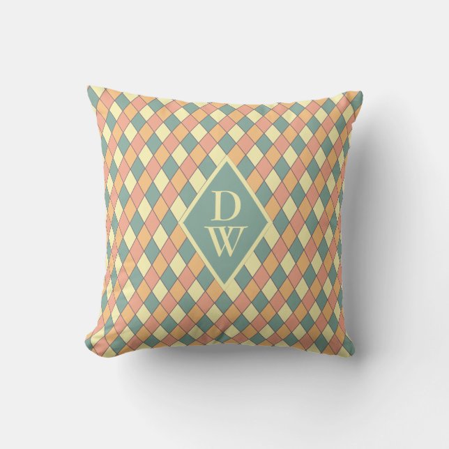Vintage Harlequine Diagonal in Pastels Monogram Throw Pillow (Front)