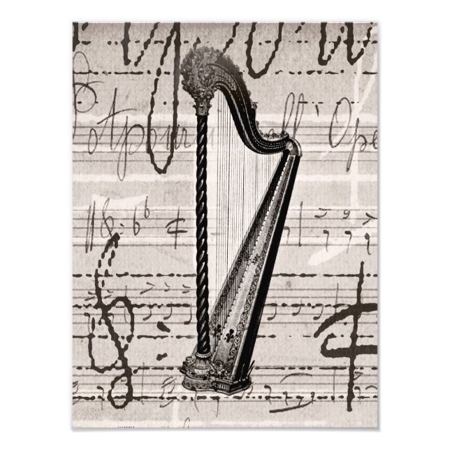 Vintage Harp and Antique Music Collage Customized Photo Print (Front)