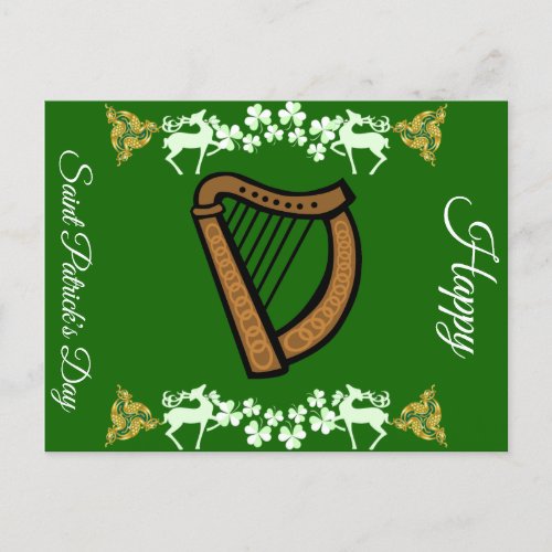  Vintage Harp Saint Patricks Day Shamrock Celtic  Holiday Postcard