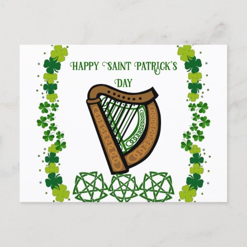 Vintage Harp Saint Patricks Day Shamrock Celtic  Holiday Postcard