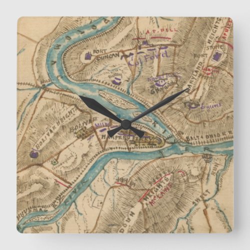 Vintage Harpers Ferry Civil War Map 1862 Square Wall Clock