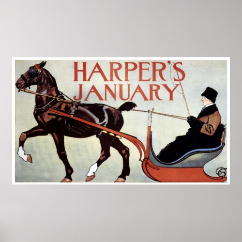 Vintage Harpers January Winter Horse and Sleigh Poster