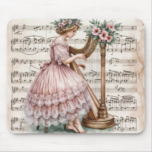 Vintage Harpist On Sheet Music Mouse Pad