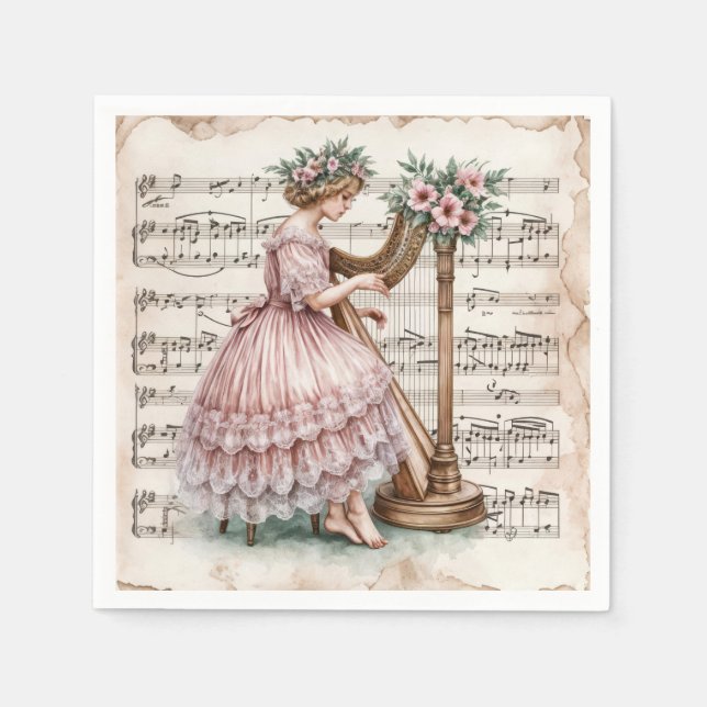 Vintage Harpist On Sheet Music Napkins (Front)