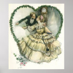 Vintage Harrison Fisher, Christmas Bride and Groom Poster<br><div class="desc">Vintage illustration love and romance image by Harrison Fisher,  1908. A Victorian couple dressed in a tuxedo and wedding gown kissing on New Year's Eve at the stroke of midnight inside of a heart made of Christmas holly. The happy newlyweds kiss. Great image to use for a December wedding.</div>