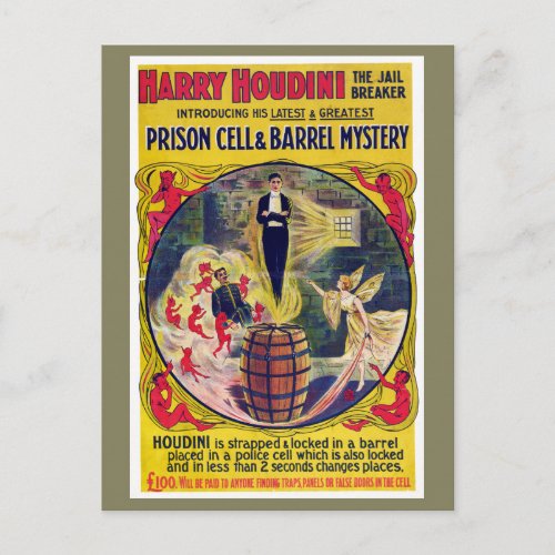 Vintage Harry Houdini Prison Cell  Barrel Mystery Postcard
