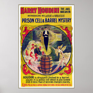 Vintage Harry Houdini Prison Cell & Barrel Mystery Poster