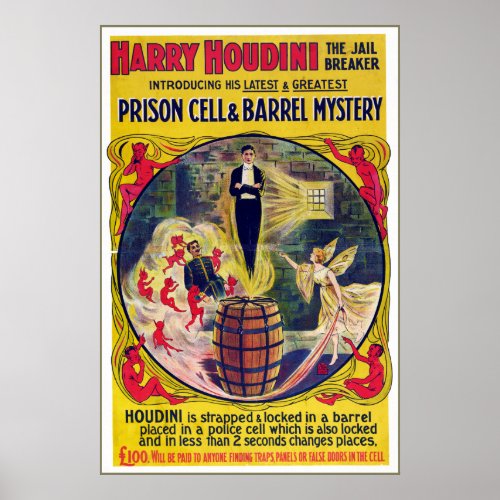 Vintage Harry Houdini Prison Cell  Barrel Mystery Poster