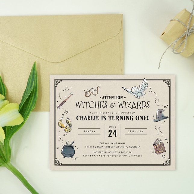 Vintage Harry Potter First Birthday Postcard (Invite on table)