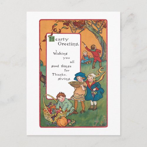 Vintage Harvest Children and Thanksgiving Verse Holiday Postcard