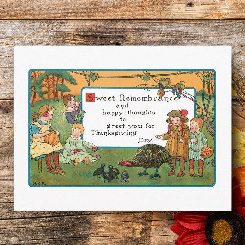 Vintage Harvest Children and Thanksgiving Verse Holiday Postcard