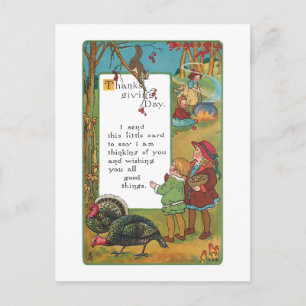Vintage Harvest Children and Thanksgiving Verse Holiday Postcard