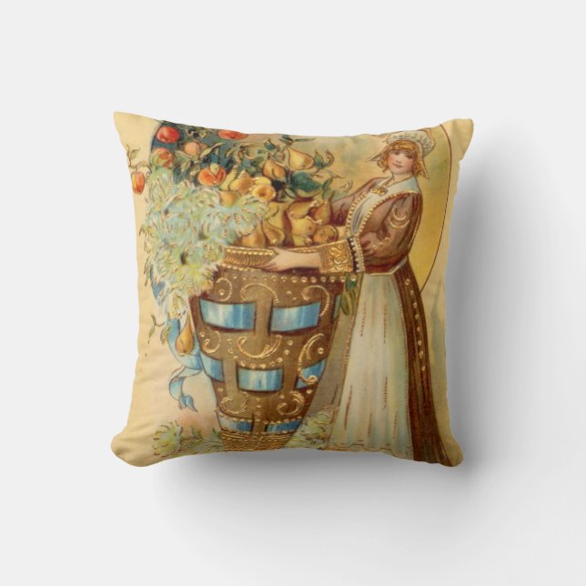 Vintage Harvest Girl Bountiful Food Throw Pillow (Front)