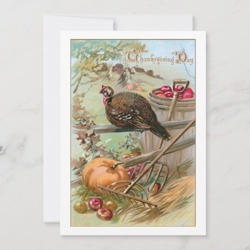 Vintage Harvest Scene with Turkey and Pumpkin Holiday Card