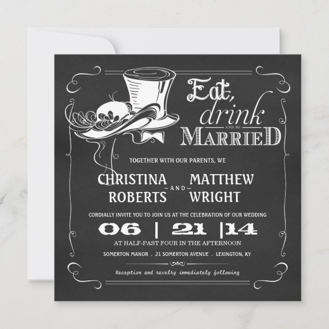 Vintage Hats Chalkboard Wedding Invitations (Front)