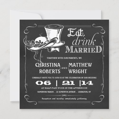 Vintage Hats Chalkboard Wedding Invitations