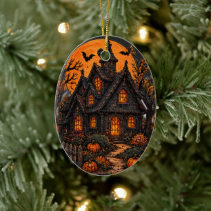 Vintage Haunted Cottage Gothic Halloween Moonlight Ceramic Ornament
