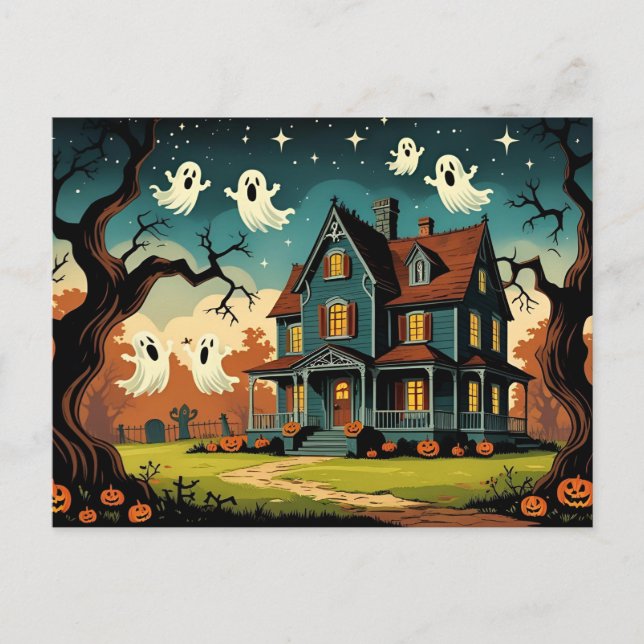 Vintage Haunted Halloween House  Holiday Postcard (Front)