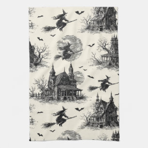 Vintage Haunted House and Witch Toile Pattern (2) Kitchen Towel