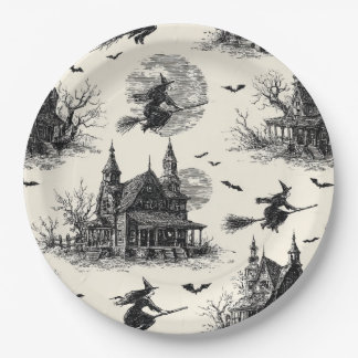 Vintage Haunted House and Witch Toile Pattern (2) Paper Plates