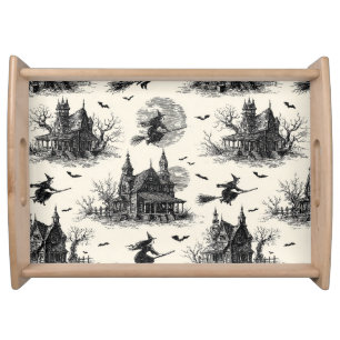 Vintage Haunted House and Witch Toile Pattern (2) Serving Tray