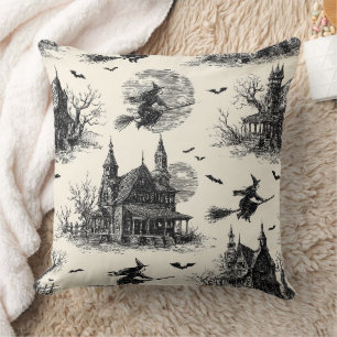 Vintage Haunted House and Witch Toile Pattern (2) Throw Pillow