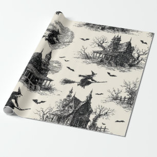 Vintage Haunted House and Witch Toile Pattern (2) Wrapping Paper