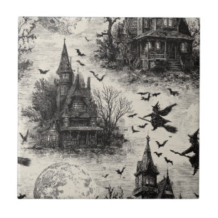 Vintage Haunted House and Witch Toile Pattern Ceramic Tile
