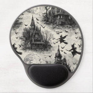Vintage Haunted House and Witch Toile Pattern Gel Mouse Pad