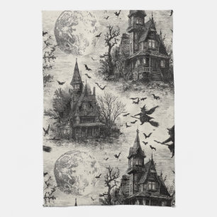 Vintage Haunted House and Witch Toile Pattern Kitchen Towel