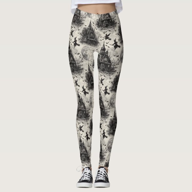 Vintage Haunted House and Witch Toile Pattern Leggings (Front)