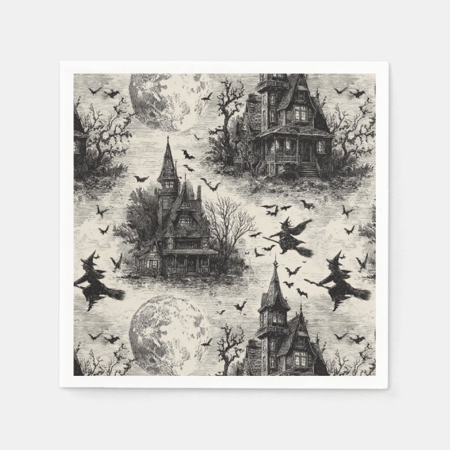 Vintage Haunted House and Witch Toile Pattern Napkins (Front)