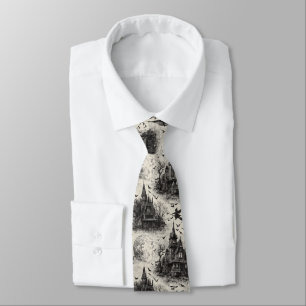 Vintage Haunted House and Witch Toile Pattern Neck Tie