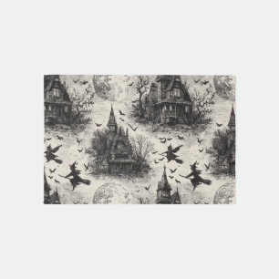 Vintage Haunted House and Witch Toile Pattern Outdoor Rug
