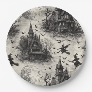 Vintage Haunted House and Witch Toile Pattern Paper Plates