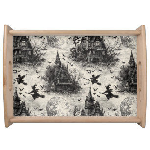 Vintage Haunted House and Witch Toile Pattern Serving Tray