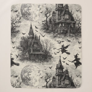 Vintage Haunted House and Witch Toile Pattern Sherpa Blanket
