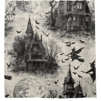 Vintage Haunted House and Witch Toile Pattern Shower Curtain