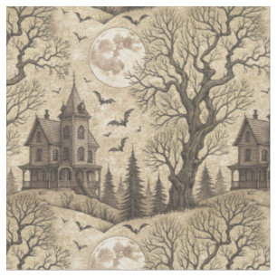 Vintage Haunted House & Full Moon Fabric
