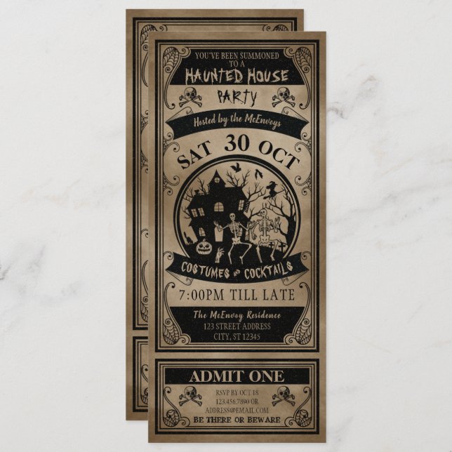 Vintage Haunted House Halloween Party Ticket Invitation (Front/Back)