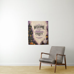 Vintage Haunted House Halloween Party Welcome Sign Tapestry
