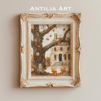 Vintage Haunted House Painting Whimsical Ghosts Poster