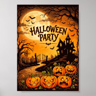 Vintage Haunted House & Pumpkins Halloween Poster